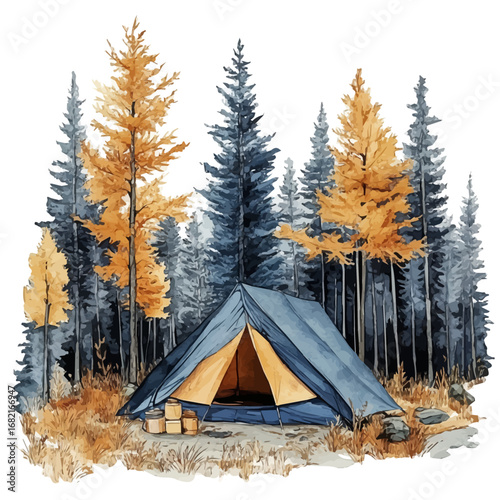 Camping Tent Summer Forest, watercolor painting vector, isolated on a white background.