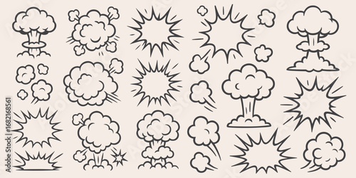 Explosion And Smoke Comic Vector Set. Hand-Drawn Boom, Blast, And Cloud Doodle Effects