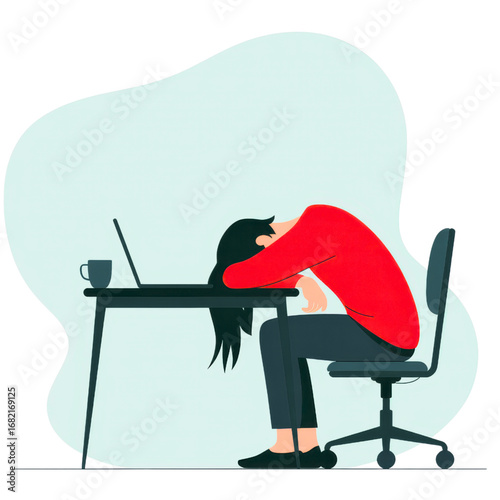 Overworked professional collapses at desk with laptop, feeling exhausted and burnt out.