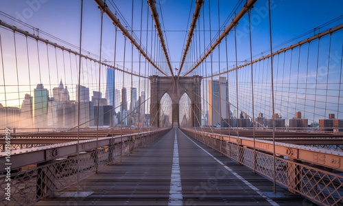 Sunrise View from Suspension Bridge Walkway with City Skyline in Background