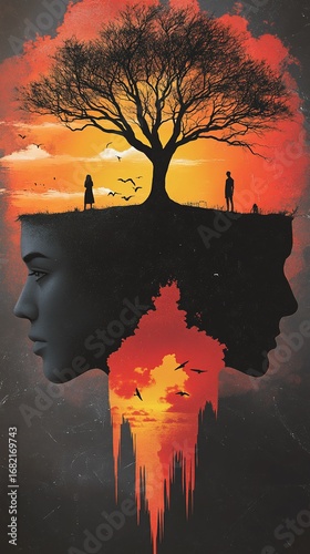 Digital artwork merging faces with a tree silhouette against a vibrant sunset. Distant figures stand beneath its branches