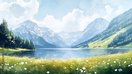 Serene, illustrated landscape depicting a tranquil lake embraced by towering, snow-capped mountains, and lush green meadows