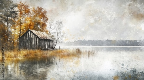 A weathered wooden cabin sits lakeside in an autumnal scene with trees, reflecting in calm water beneath a hazy, cloudy sky