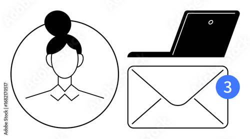 Female avatar in profile circle, email with notification icon, and laptop. Ideal for communication, technology, digital workplace, networking, messaging online presence organization. Simple flat