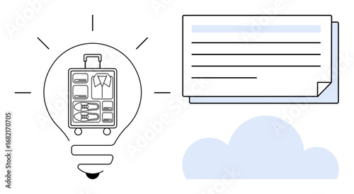Light bulb with compartmented luggage, paper document, and cloud highlighting travel organization, packing strategies, cloud storage, and efficient trip planning. Ideal for innovation, productivity