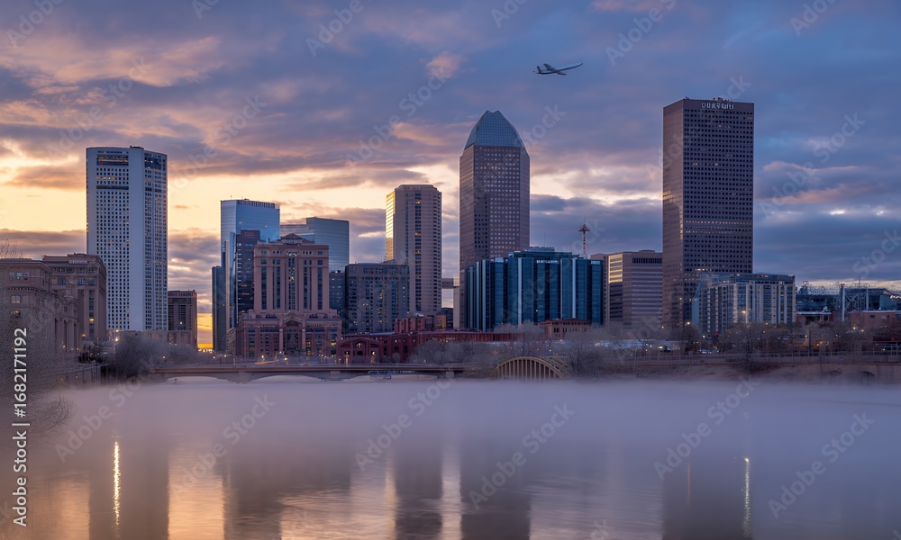 Fototapeta premium Urban Skyline at Dawn with Fog and Airplane