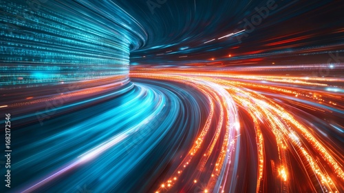 Digital data flow on road with motion blur to create vision of fast speed transfer
