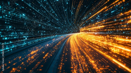 Digital data flow on road with motion blur to create vision of fast speed transfer