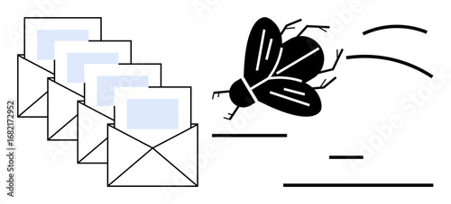 Envelopes with papers represent incoming messages alongside a flying bug symbolizing spam emails. Ideal for email marketing, cybersecurity, digital communication, technology, online safety, workflow