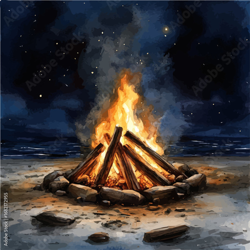 Bonfire On Summer Night, watercolor illustration vector, isolated on a white background.