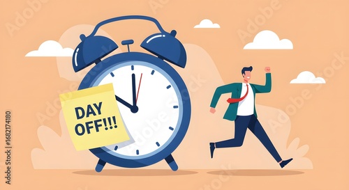 Happy Man Running Towards Day Off with Alarm Clock Time Management