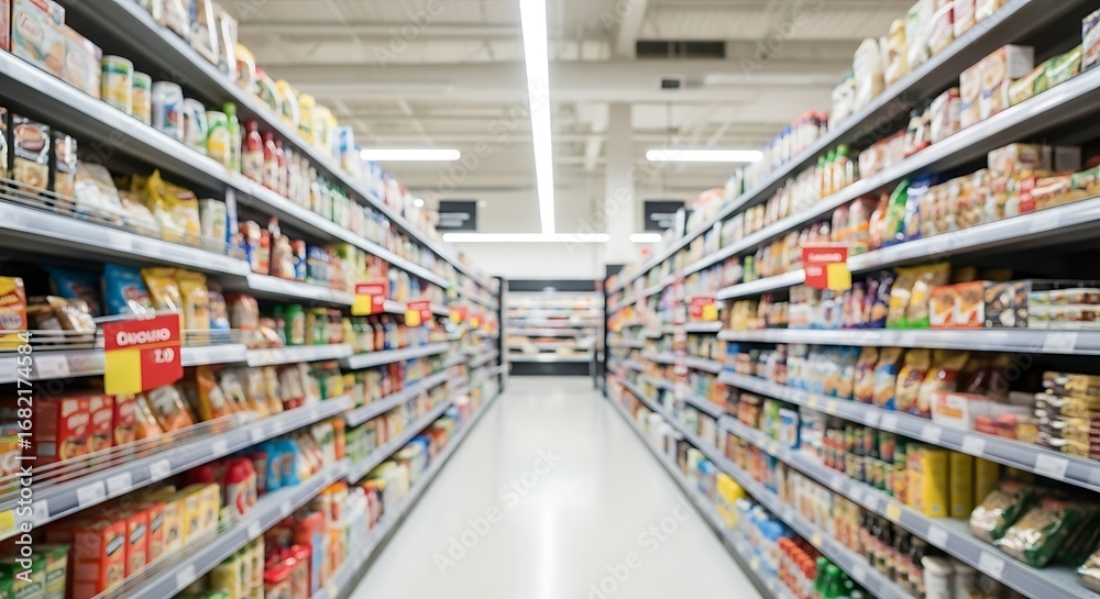 Obraz premium Aisles are filled with products on shelves in a supermarket, offering a wide variety of food and household items for customers to purchase