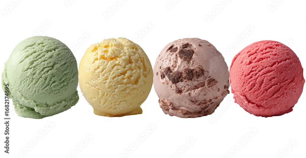 Fototapeta premium Four ice cream scoops in a row, showcasing a variety of flavors