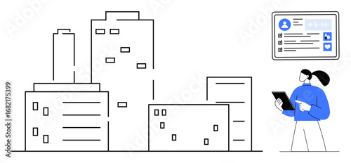 Wallpaper Mural Cityscape with modern buildings and a woman holding a tablet reviewing a large digital interface. Ideal for technology, urban planning, data analysis, innovation, architecture, smart cities, simple Torontodigital.ca