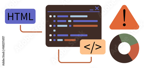 Coding screen with HTML tag, code snippet, debugging warning triangle, and colorful data chart. Ideal for web development, programming, debugging, error handling, data analysis IT themes simple