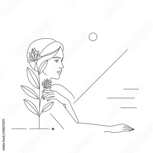 Serene Woman with Floral Headpiece in Minimalist Line Art