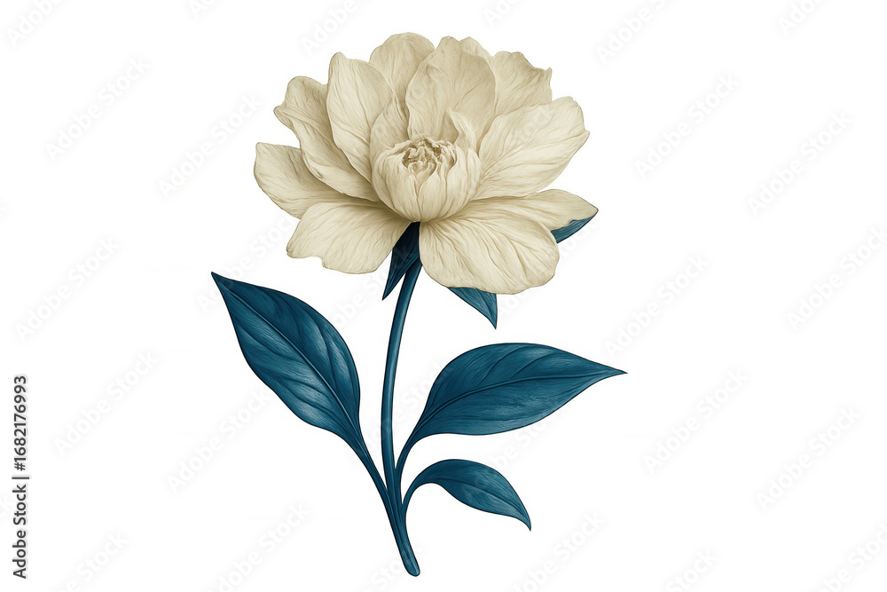 Obraz premium White peony flower blooming with teal leaves on a transparent background, perfect for designs related to nature, beauty, and spring