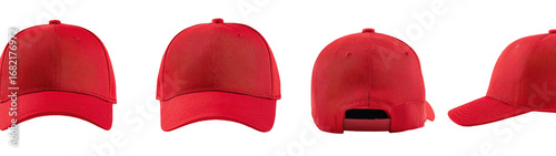 Four red baseball caps arranged horizontally