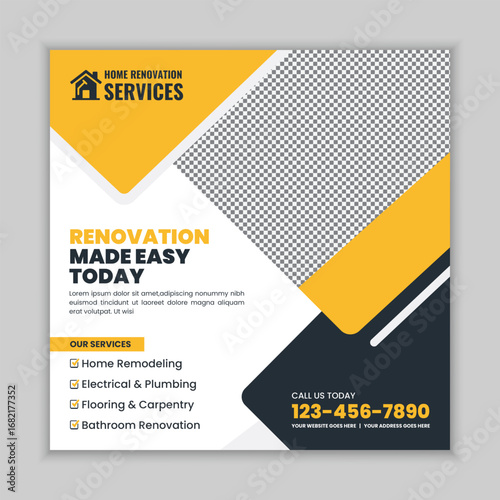 Home Renovation Services Social Media Post and Web Banner Template Design
