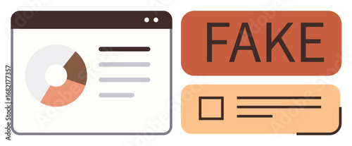 Data chart with sections, textual details, and alert element marked as fake. Ideal for misinformation, online awareness, disinformation, caution, critical thinking media literacy warning. Simple