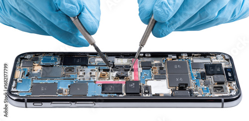 Smartphone repair in progress.  Hands in blue gloves use tweezers to work on disassembled phone circuit board