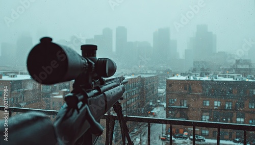 Sniper rifle sighted on city in snow