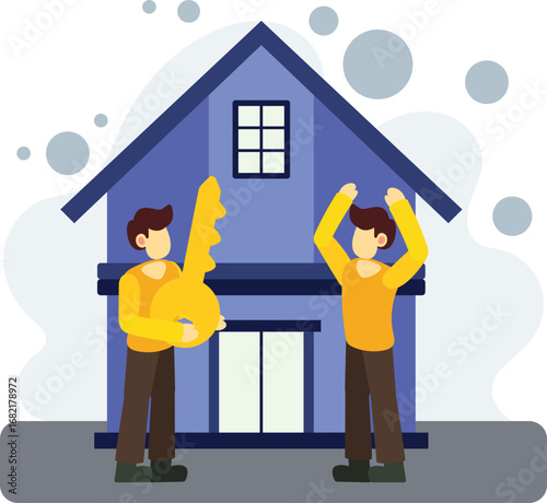 Happy new homeowner receiving big key illustration
