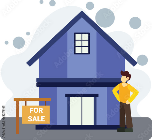 Man standing near house for sale illustration