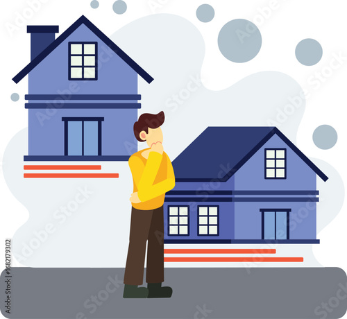 Man choosing between two houses illustration