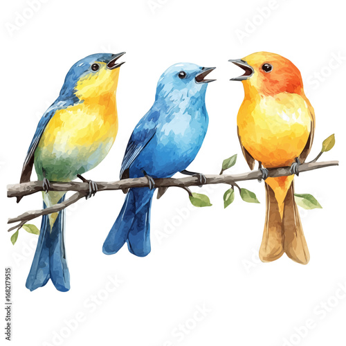 Birds Singing, watercolor vector, isolated on a white background.