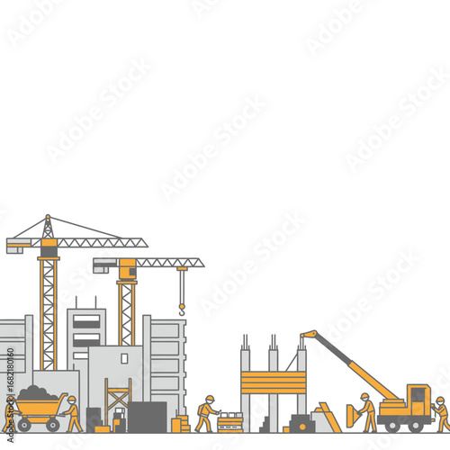 Construction Site Illustration Featuring Cranes and Workers