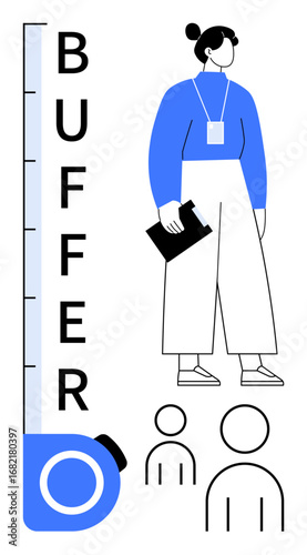 Professional woman with clipboard, buffer scale indicating measurement, and abstract figures. Ideal for teamwork, leadership, metrics, productivity, evaluation, analytics simple flat metaphor