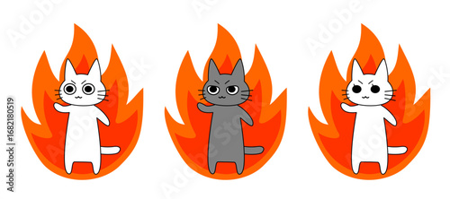 炎に包まれてやる気をみなぎらせる猫のビジネスイラスト。挑戦や情熱、努力や闘志を象徴するキャラクターデザイン。モチベーション、挑戦、集中、成功イメージの素材に最適。