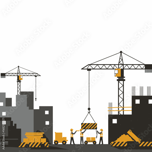 Construction Workers and Cranes Building a Cityscape