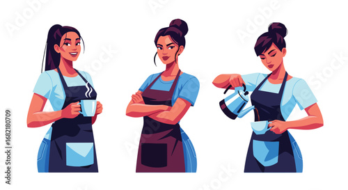 Set of stylish illustrations of barista women in aprons serving hot coffee, representing café culture, hospitality, customer service, and modern coffee shop lifestyle concepts