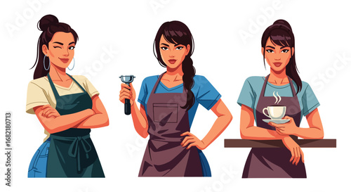 Set of stylish illustrations of barista women in aprons serving hot coffee, representing café culture, hospitality, customer service, and modern coffee shop lifestyle concepts
