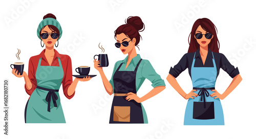 Set of stylish illustrations of barista women in aprons serving hot coffee, representing café culture, hospitality, customer service, and modern coffee shop lifestyle concepts