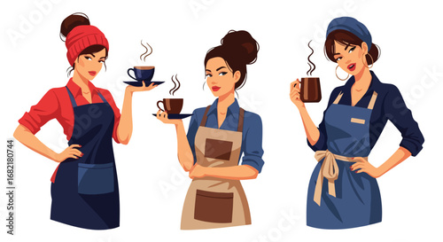 Set of stylish illustrations of barista women in aprons serving hot coffee, representing café culture, hospitality, customer service, and modern coffee shop lifestyle concepts