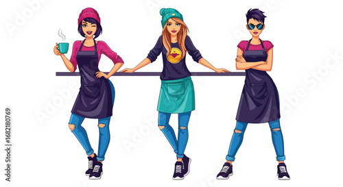 Set of stylish illustrations of barista women in aprons serving hot coffee, representing café culture, hospitality, customer service, and modern coffee shop lifestyle concepts