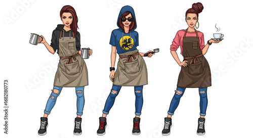 Set of stylish illustrations of barista women in aprons serving hot coffee, representing café culture, hospitality, customer service, and modern coffee shop lifestyle concepts
