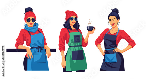 Set of stylish illustrations of barista women in aprons serving hot coffee, representing café culture, hospitality, customer service, and modern coffee shop lifestyle concepts