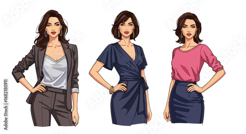 Set of professional fashion illustrations of confident businesswomen in stylish office attire, representing leadership, empowerment, career success, and modern workplace lifestyle concepts
