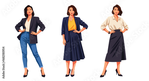 Set of professional fashion illustrations of confident businesswomen in stylish office attire, representing leadership, empowerment, career success, and modern workplace lifestyle concepts