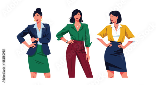 Set of professional fashion illustrations of confident businesswomen in stylish office attire, representing leadership, empowerment, career success, and modern workplace lifestyle concepts