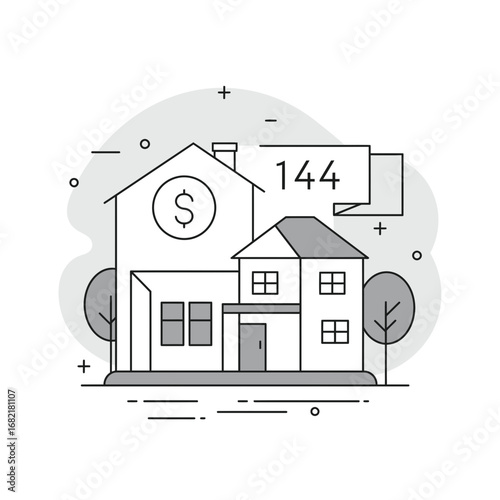 Gray Scale Illustration of House with Dollar Sign and Number 144