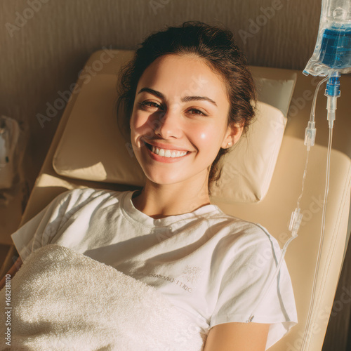 Young woman relaxes and smiles while receiving IV hydration therapy in a wellness clinic, bathed in warm natural sunlight.
