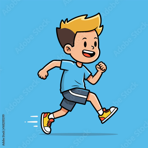 A joyful cartoon boy with spiky blond hair runs energetically, smiling wide with motion lines trailing behind him—capturing playful speed and excitement against a light blue background.