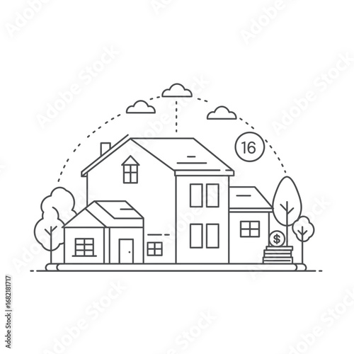 Grey Scale Line Art Illustration of a Suburban House with Trees and Clouds
