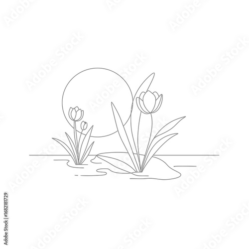 Grey Scale Line Art Illustration of Tulips by the Water at Sunset