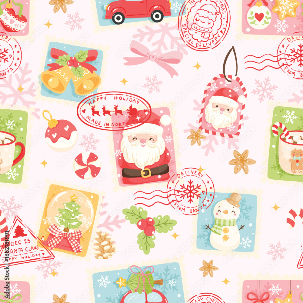 Fototapeta premium Cute Christmas Postage Seamless Pattern, Santa, Snowman, Tree, Bells, Holiday Mug, Festive Winter Decoration Vector Illustration